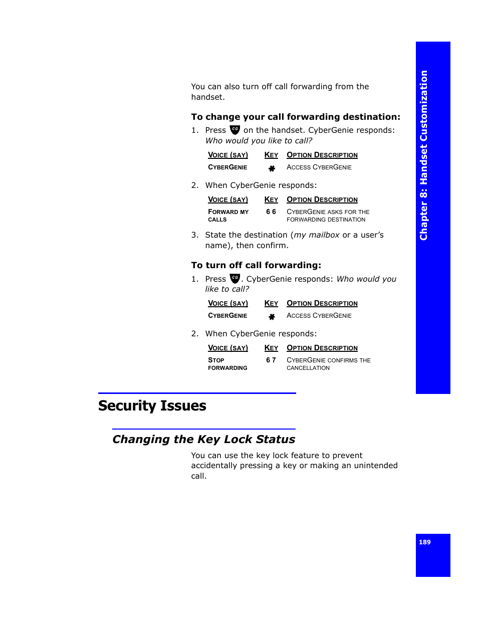 Security issues, Changing the key lock status | Cygnion CG 2400 User Manual | Page 201 / 246