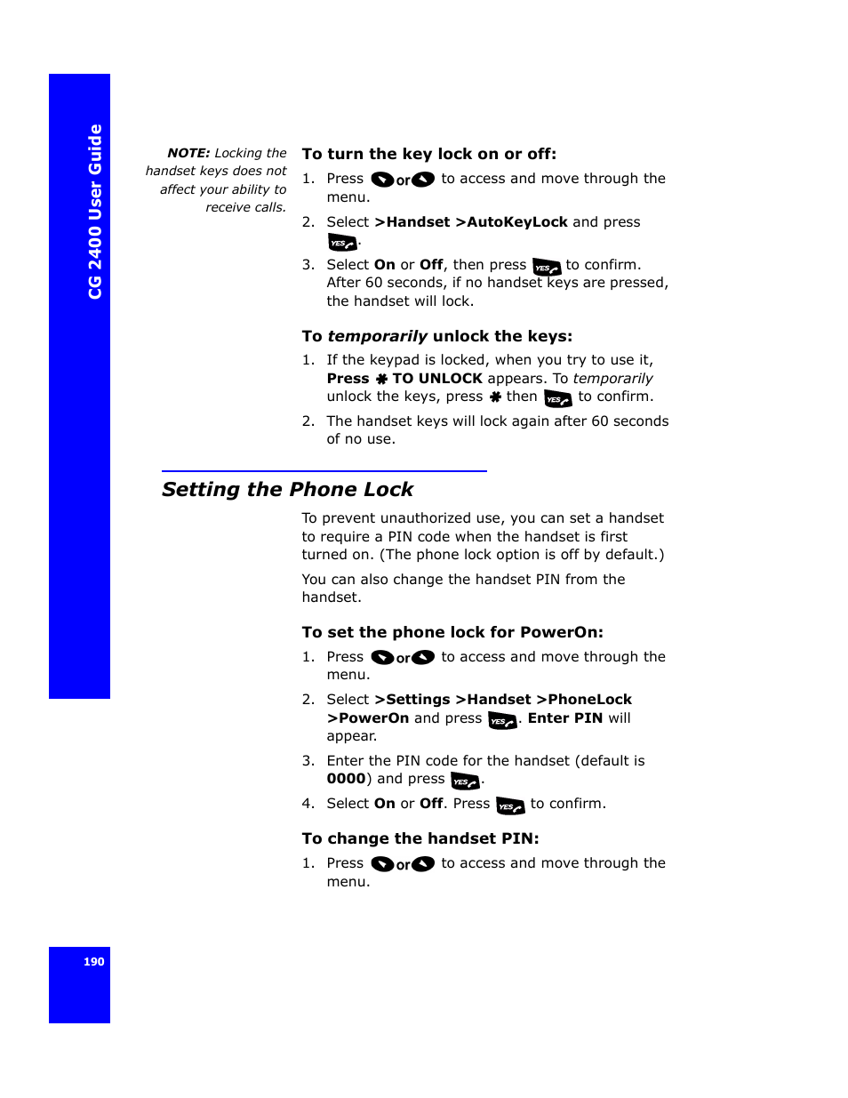 Setting the phone lock | Cygnion CG 2400 User Manual | Page 202 / 246