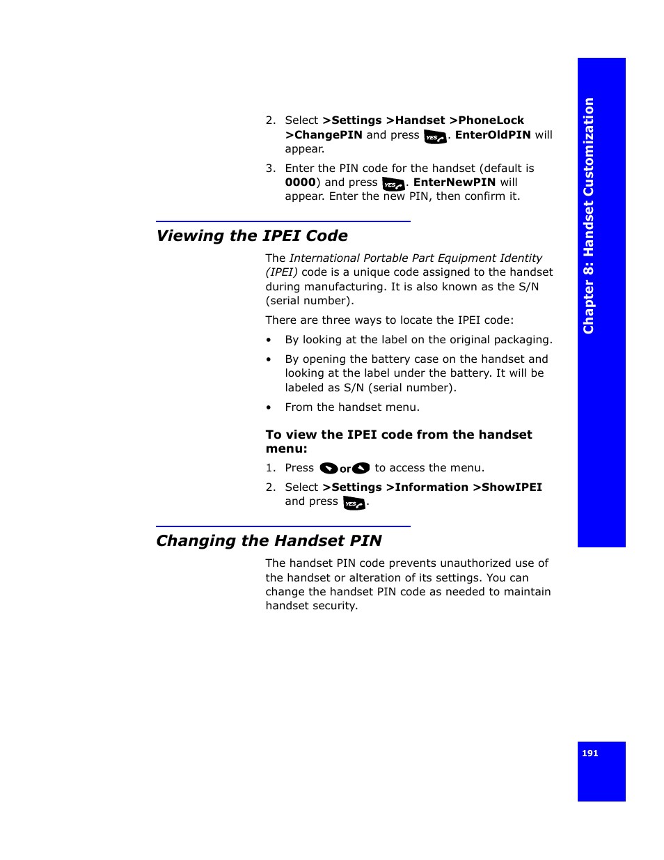 Viewing the ipei code, Changing the handset pin | Cygnion CG 2400 User Manual | Page 203 / 246