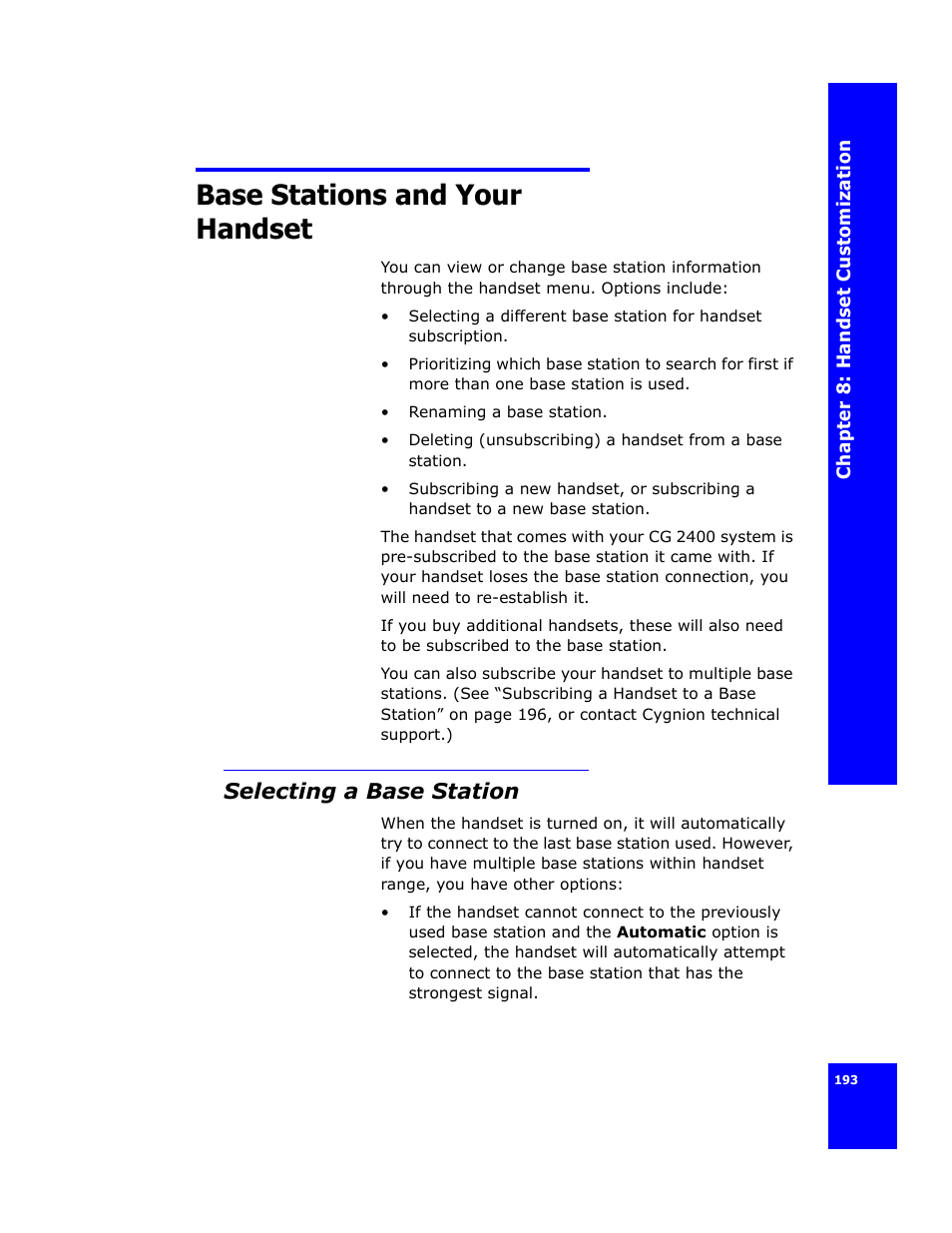 Base stations and your handset, Selecting a base station | Cygnion CG 2400 User Manual | Page 205 / 246