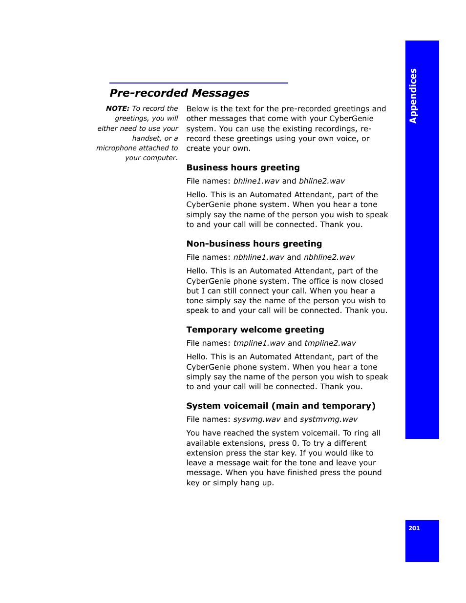 Pre-recorded messages | Cygnion CG 2400 User Manual | Page 213 / 246