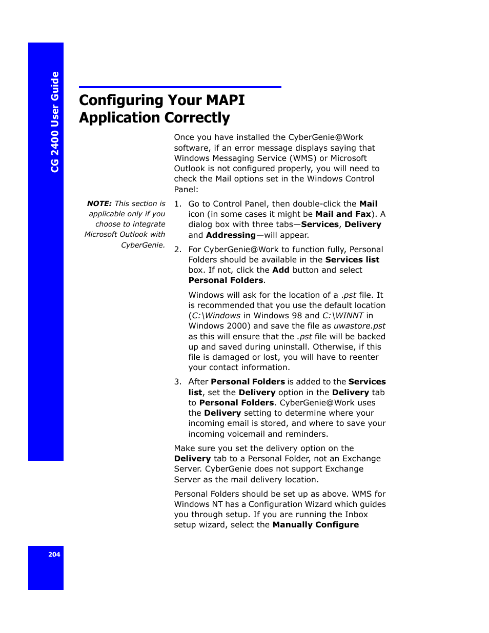 Configuring your mapi application correctly, E “configuring your, Mapi application | Cygnion CG 2400 User Manual | Page 216 / 246