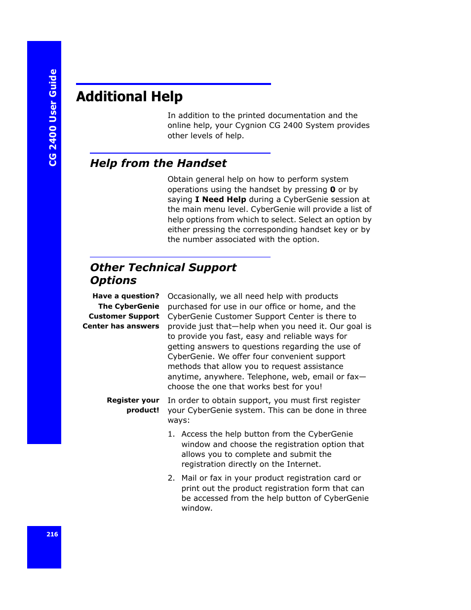 Additional help, Help from the handset, Other technical support options | Cygnion CG 2400 User Manual | Page 228 / 246