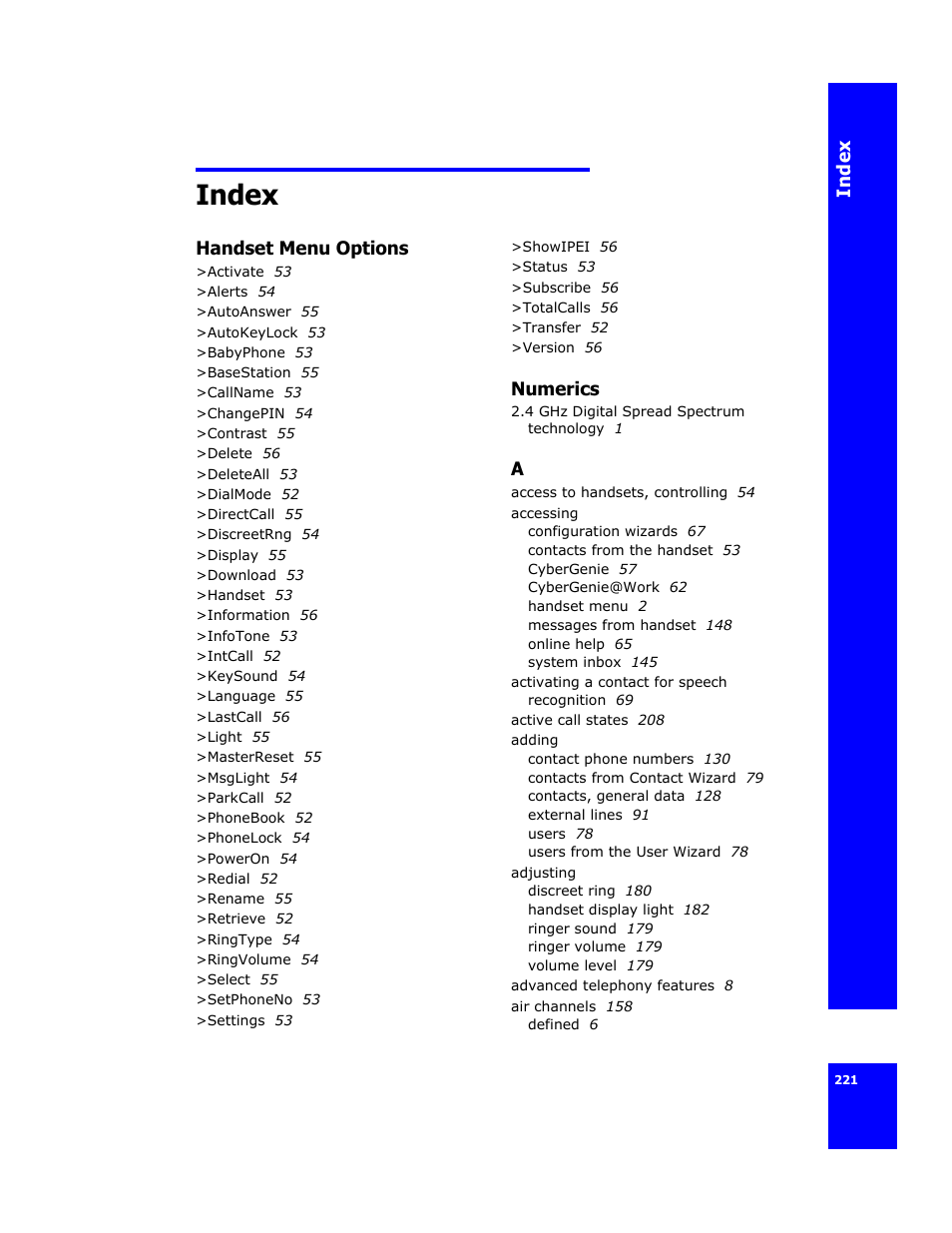 Index, Handset menu options, Numerics | Cygnion CG 2400 User Manual | Page 233 / 246