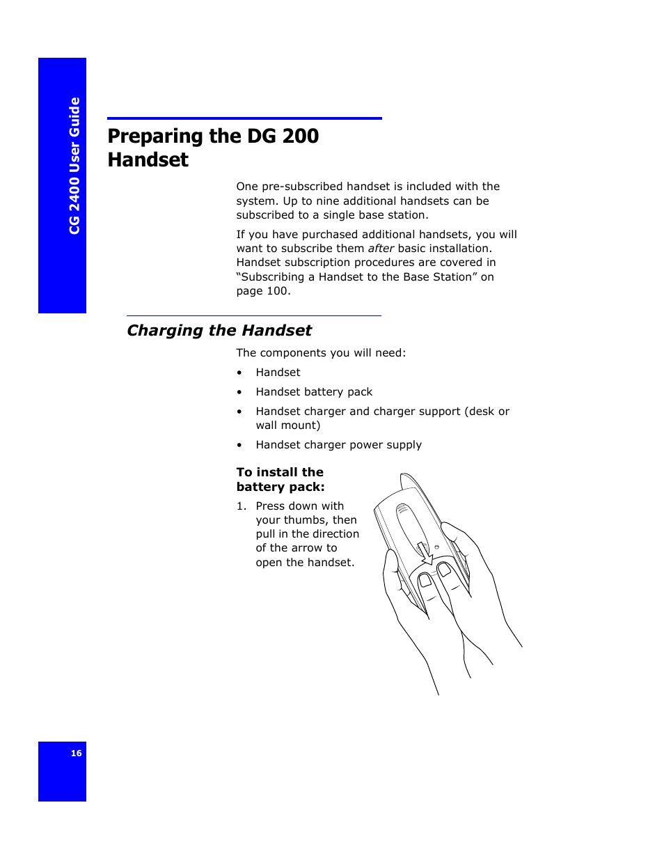 Preparing the dg 200 handset, Charging the handset | Cygnion CG 2400 User Manual | Page 28 / 246