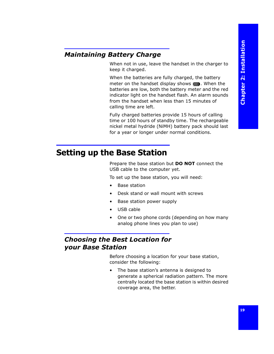 Maintaining battery charge, Setting up the base station, Choosing the best location for your base station | Cygnion CG 2400 User Manual | Page 31 / 246
