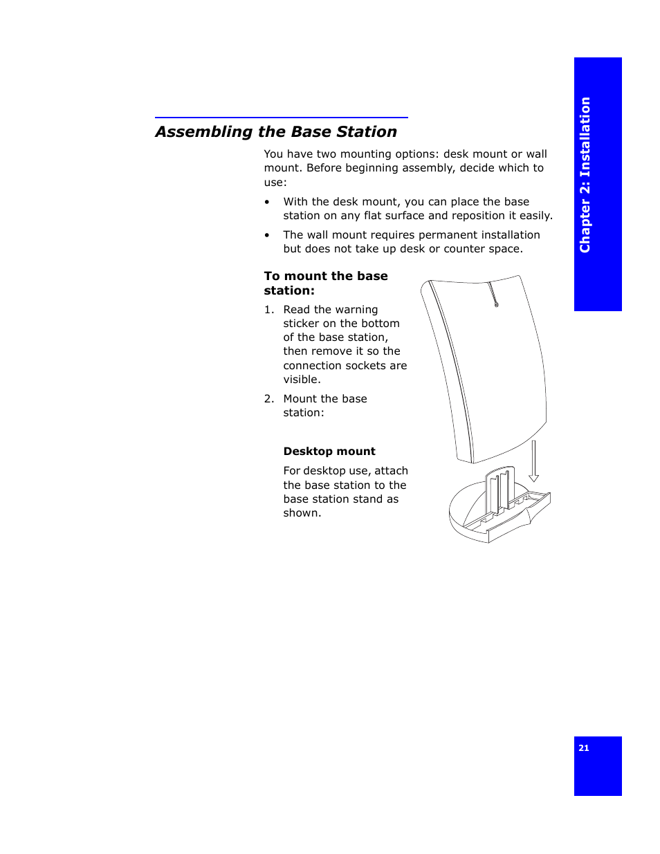 Assembling the base station, Chap te r 2: ins ta llat ion | Cygnion CG 2400 User Manual | Page 33 / 246