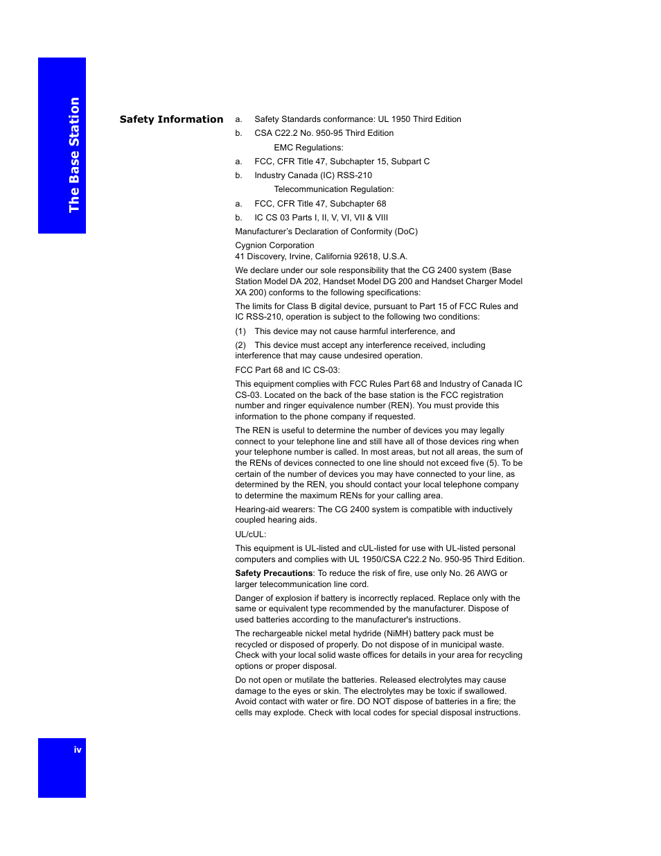 The b a se st atio n | Cygnion CG 2400 User Manual | Page 4 / 246
