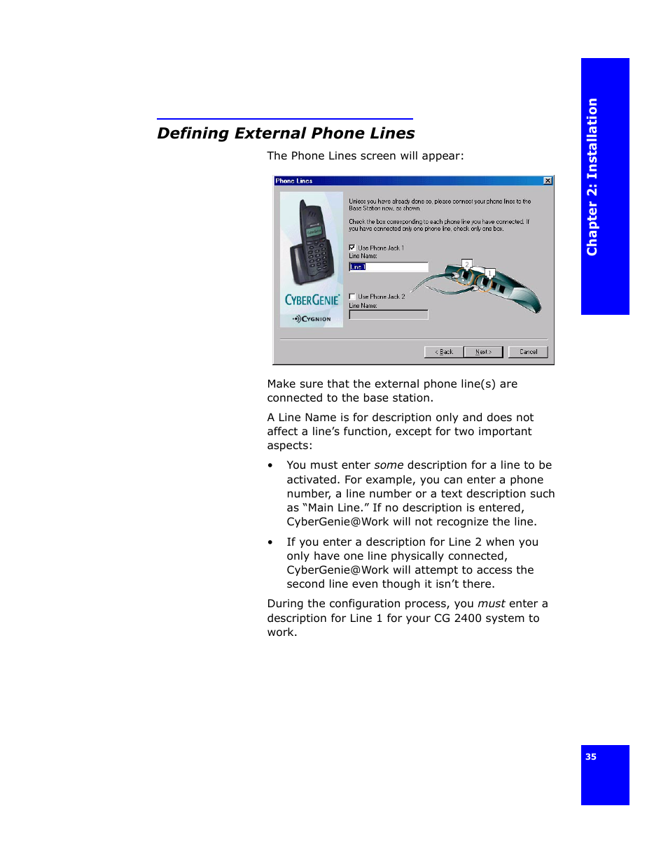 Defining external phone lines | Cygnion CG 2400 User Manual | Page 47 / 246