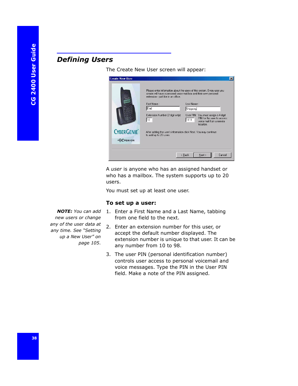Defining users | Cygnion CG 2400 User Manual | Page 50 / 246