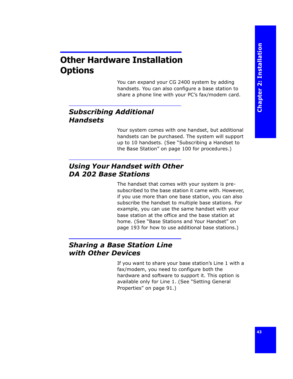 Other hardware installation options, Subscribing additional handsets, Using your handset with other da 202 basestations | Sharing a base station line with other devices, Other, Hardware installation | Cygnion CG 2400 User Manual | Page 55 / 246