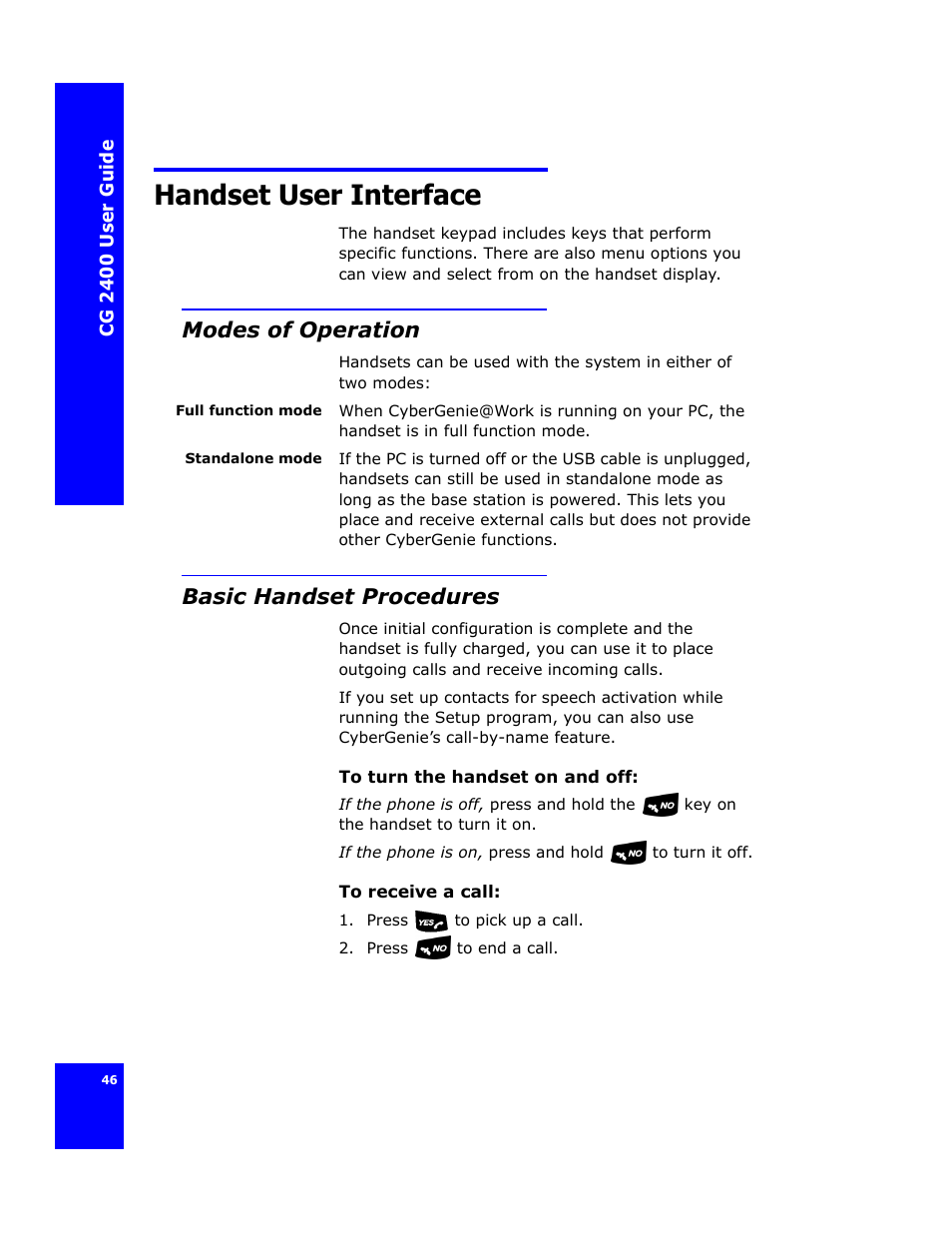 Handset user interface, Modes of operation, Basic handset procedures | Cygnion CG 2400 User Manual | Page 58 / 246