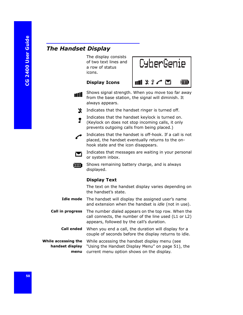The handset display | Cygnion CG 2400 User Manual | Page 62 / 246