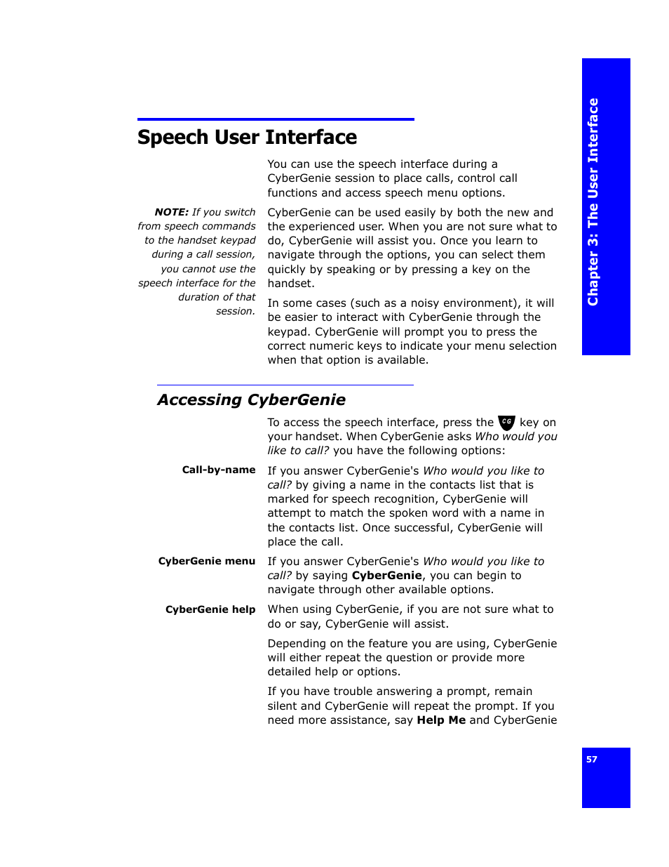 Speech user interface, Accessing cybergenie | Cygnion CG 2400 User Manual | Page 69 / 246