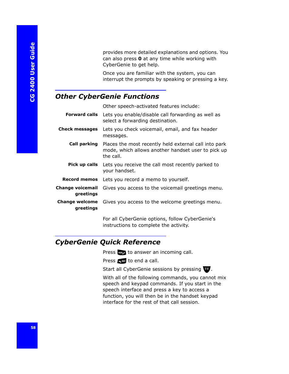 Other cybergenie functions, Cybergenie quick reference | Cygnion CG 2400 User Manual | Page 70 / 246