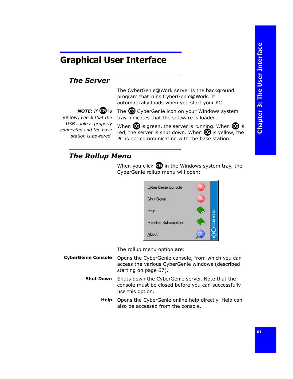 Graphical user interface, The server, The rollup menu | Cygnion CG 2400 User Manual | Page 73 / 246