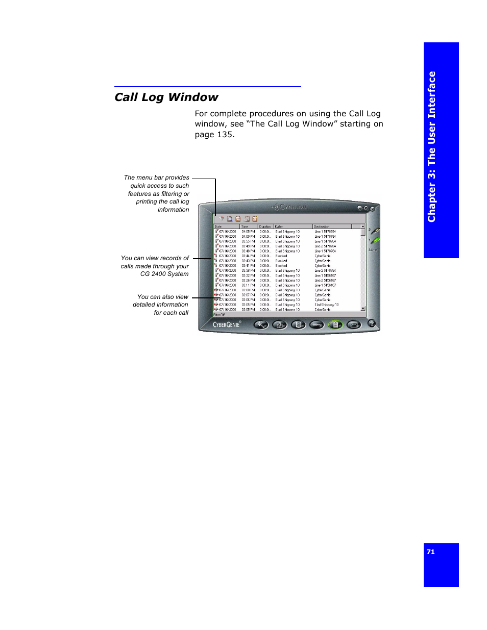 Call log window | Cygnion CG 2400 User Manual | Page 83 / 246