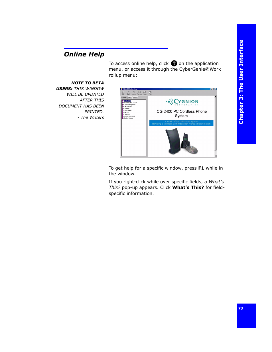 Online help | Cygnion CG 2400 User Manual | Page 85 / 246