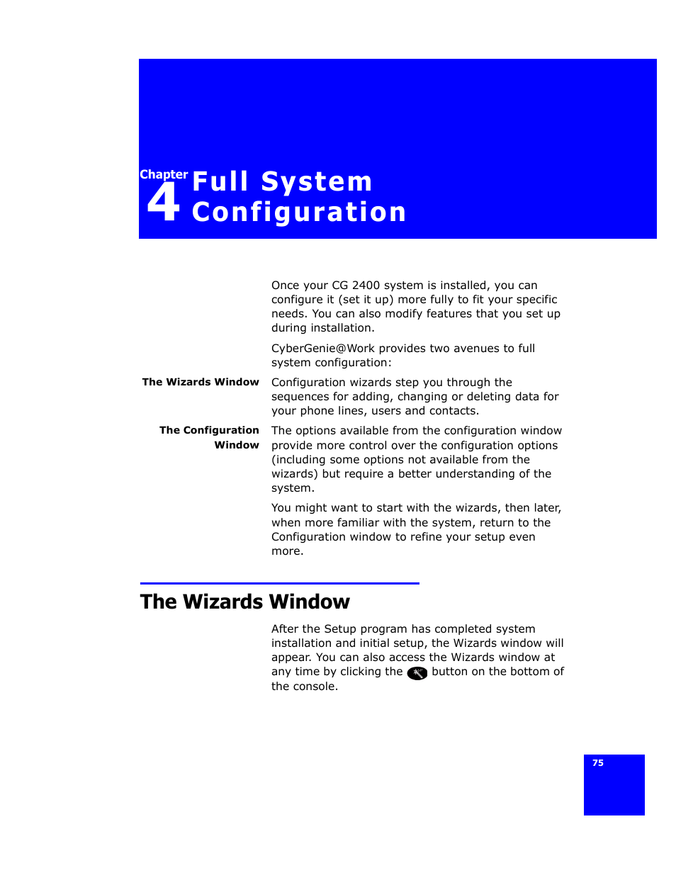 Full system configuration, The wizards window, Bed in “full system configuration | Cygnion CG 2400 User Manual | Page 87 / 246