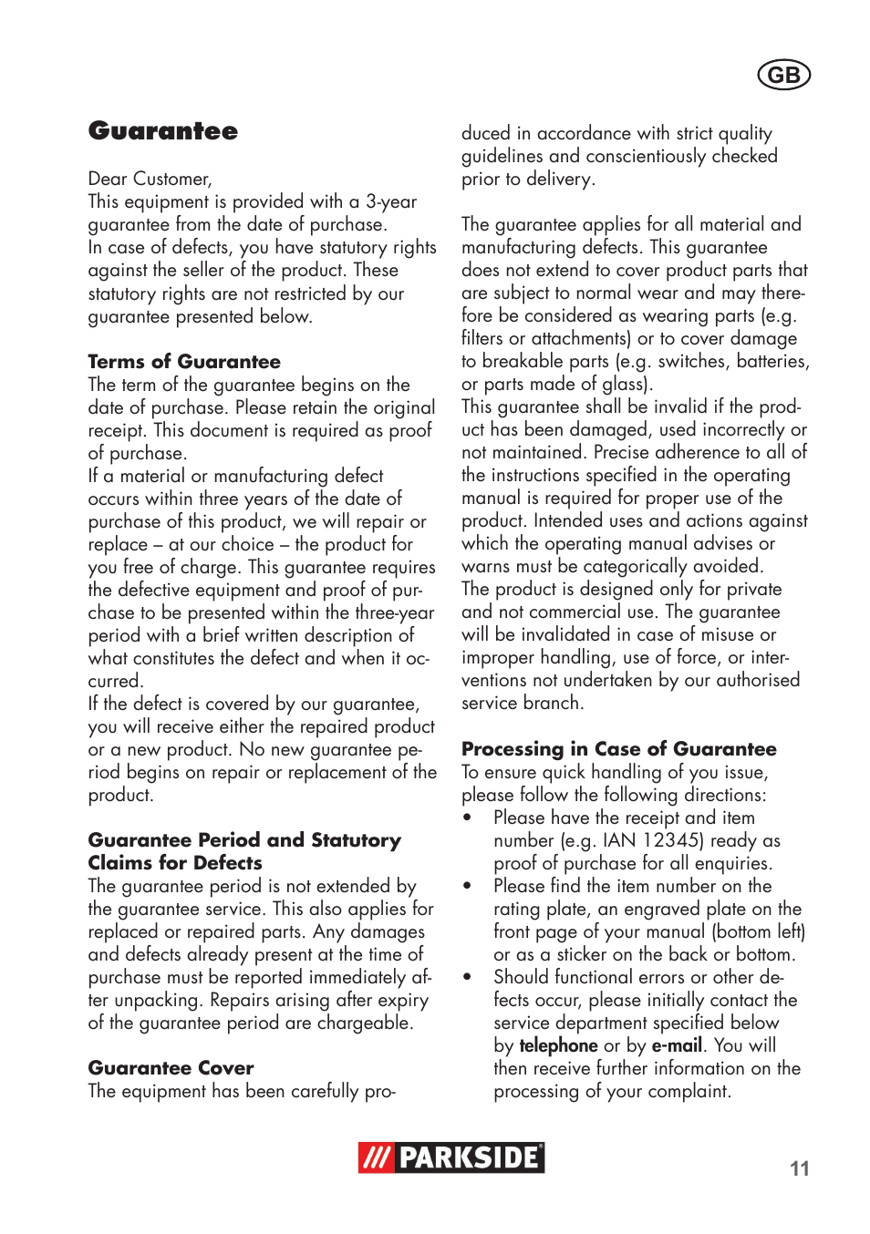 Guarantee | Parkside PNTS 1400 B1 User Manual | Page 11 / 60