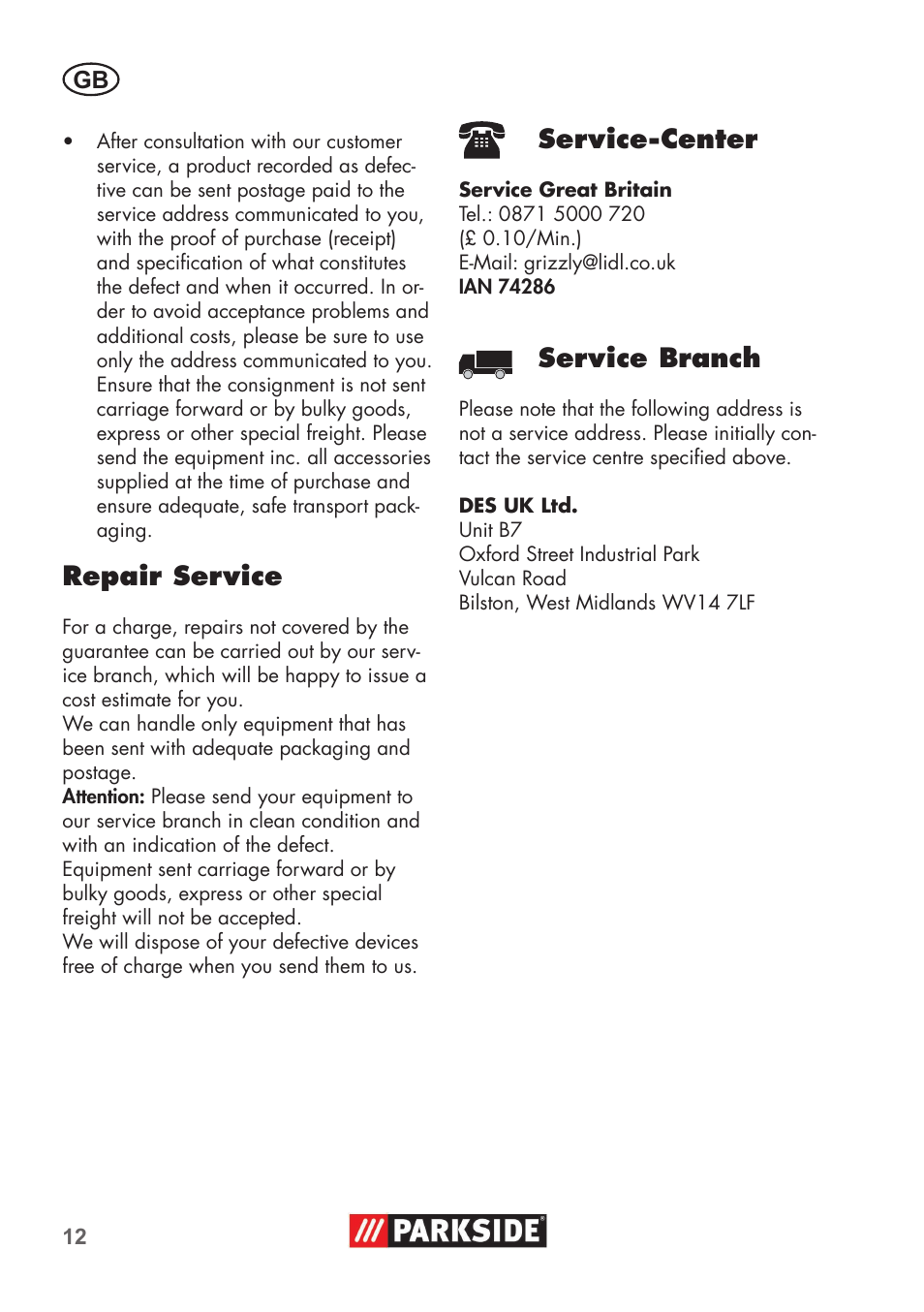 Repair service, Service-center, Service branch | Parkside PNTS 1400 B1 User Manual | Page 12 / 60