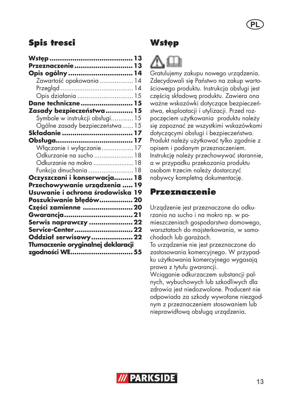 Wstęp, Przeznaczenie, Spis tresci | Parkside PNTS 1400 B1 User Manual | Page 13 / 60