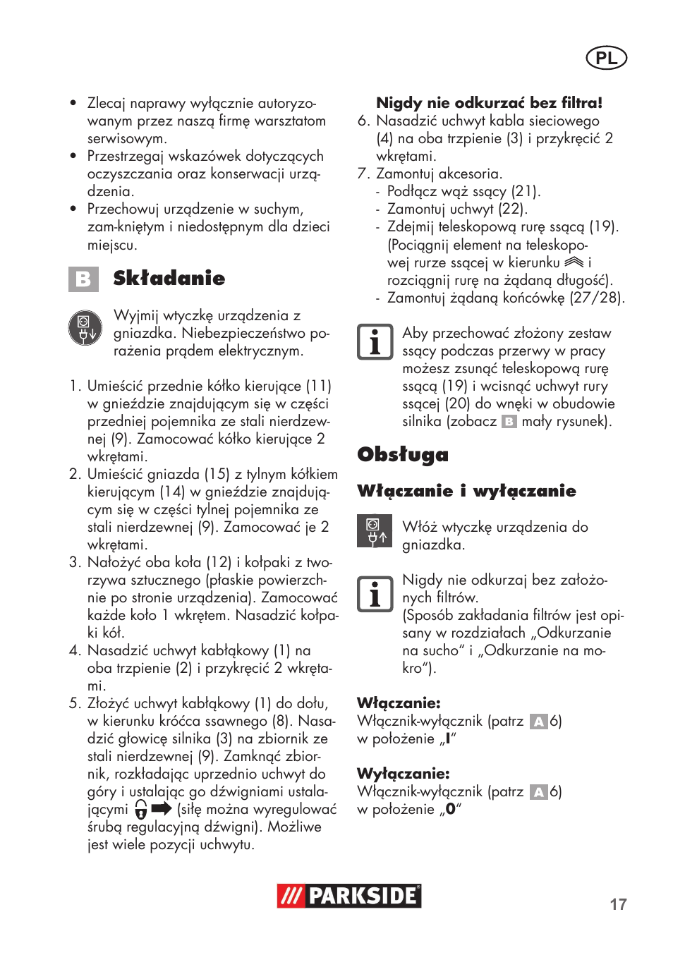 Składanie, Obsługa | Parkside PNTS 1400 B1 User Manual | Page 17 / 60