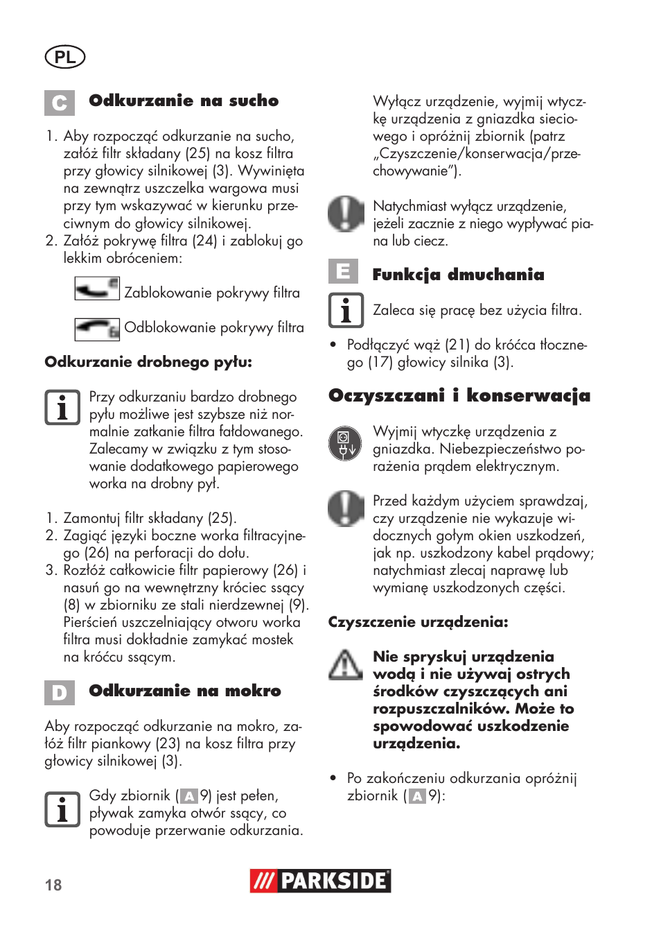 Oczyszczani i konserwacja | Parkside PNTS 1400 B1 User Manual | Page 18 / 60