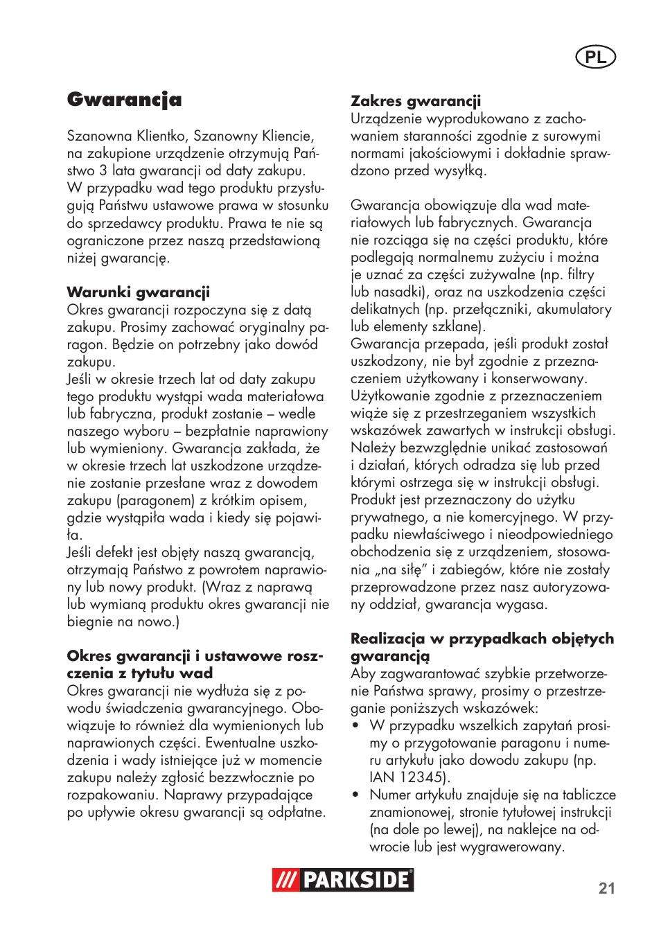 Gwarancja | Parkside PNTS 1400 B1 User Manual | Page 21 / 60