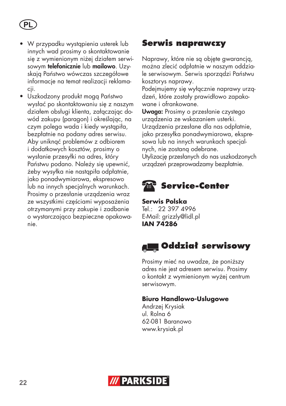 Serwis naprawczy, Service-center, Oddział serwisowy | Parkside PNTS 1400 B1 User Manual | Page 22 / 60