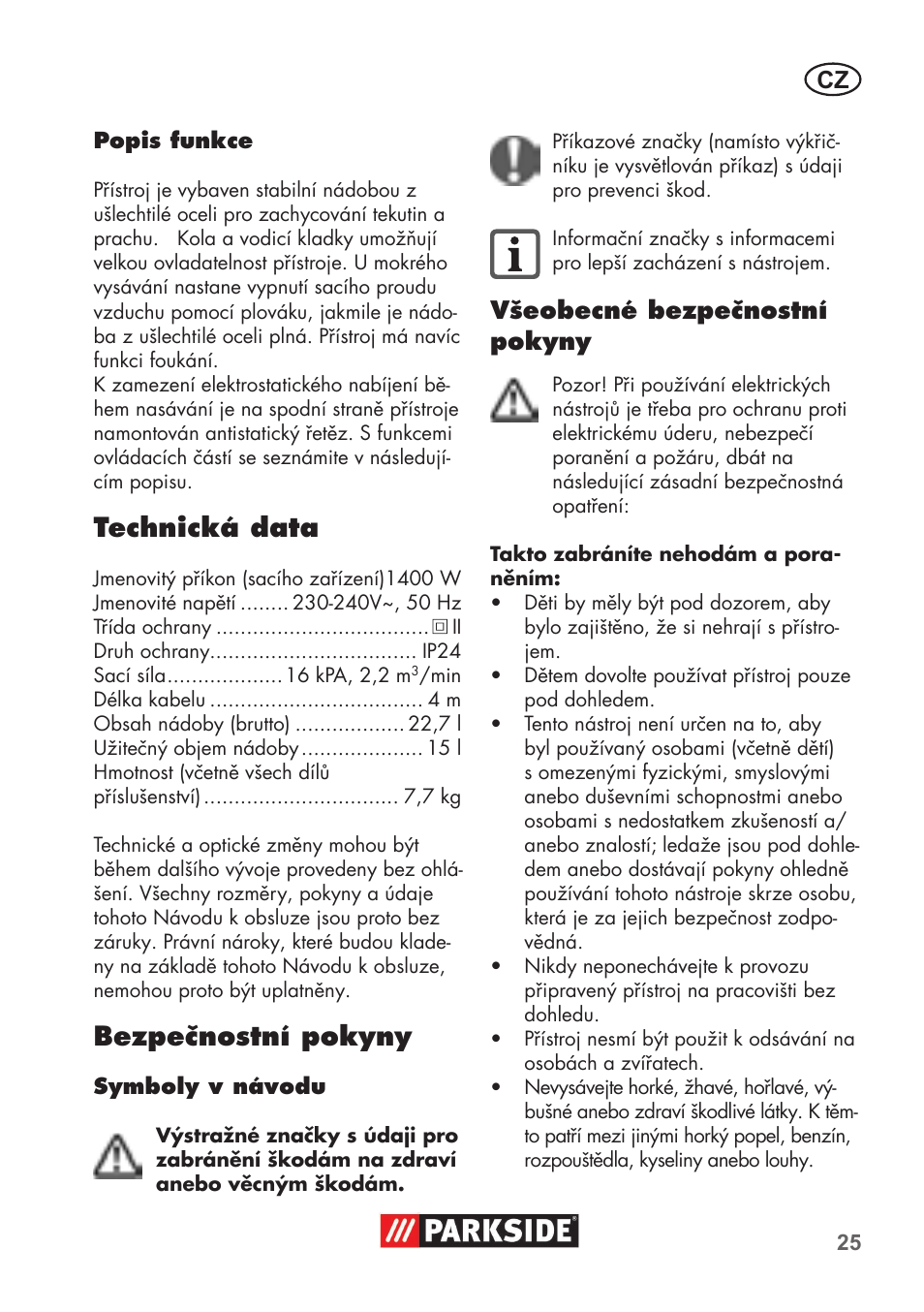 Technická data, Bezpečnostní pokyny, Všeobecné bezpečnostní pokyny | Parkside PNTS 1400 B1 User Manual | Page 25 / 60