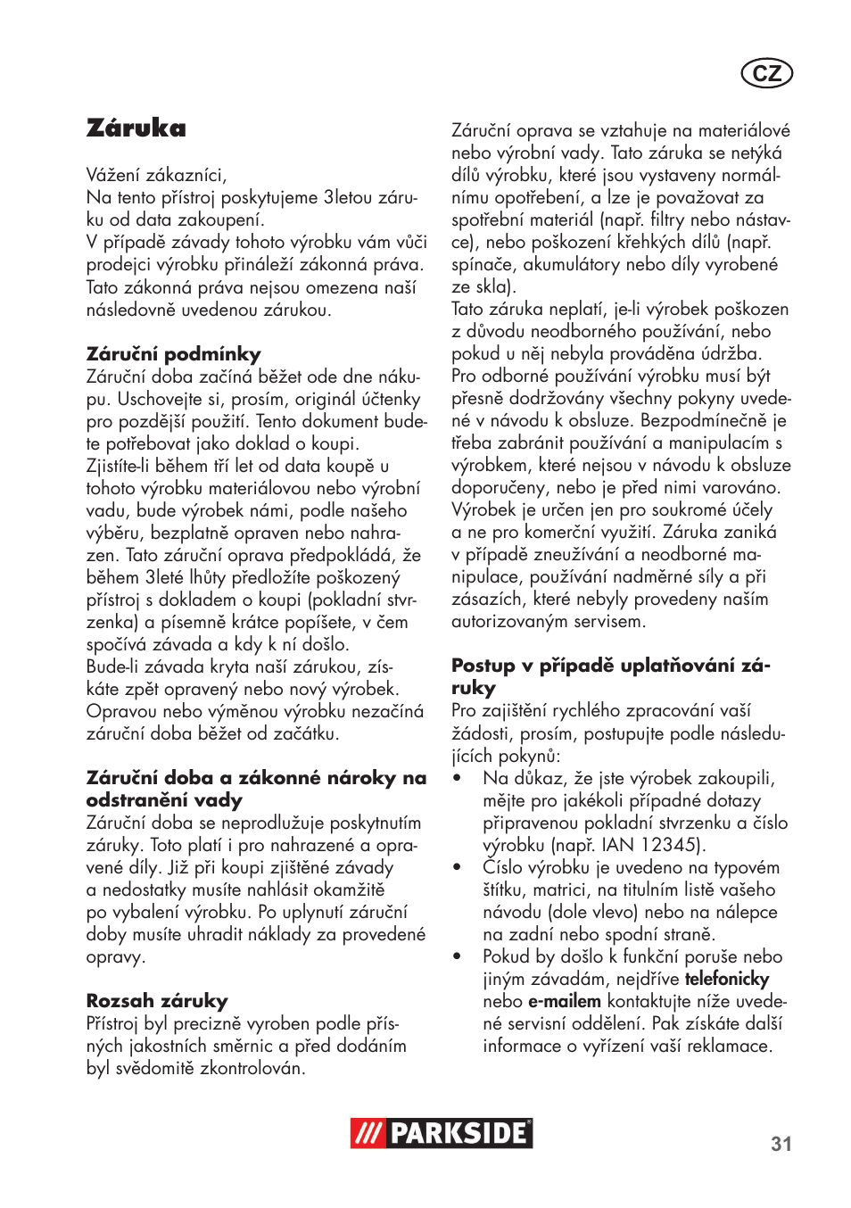 Záruka | Parkside PNTS 1400 B1 User Manual | Page 31 / 60