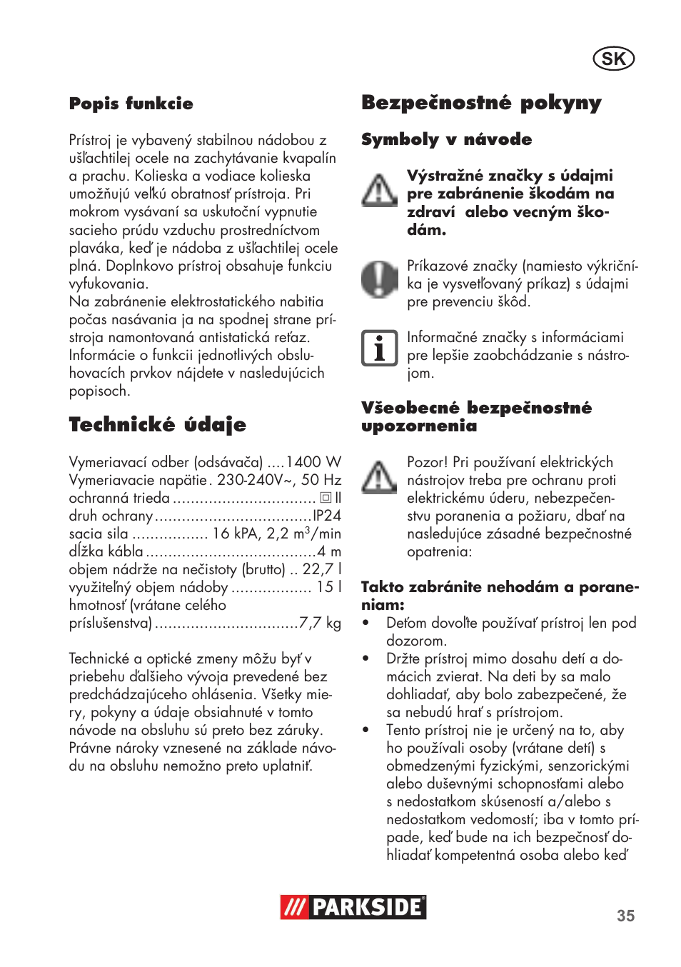 Technické údaje, Bezpečnostné pokyny | Parkside PNTS 1400 B1 User Manual | Page 35 / 60