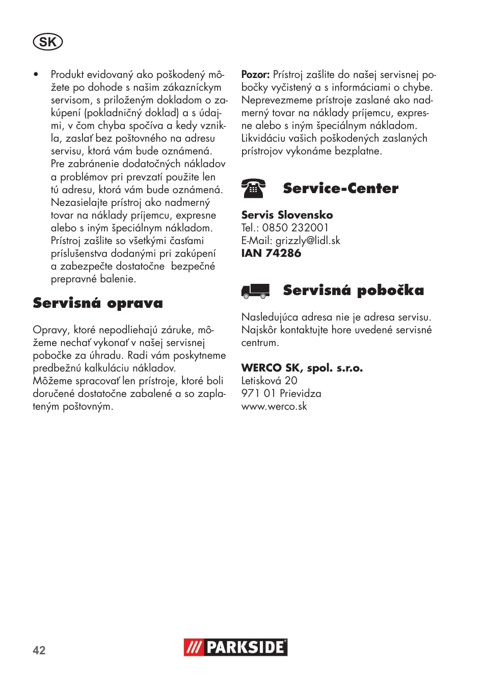 Servisná oprava, Service-center, Servisná pobočka | Parkside PNTS 1400 B1 User Manual | Page 42 / 60