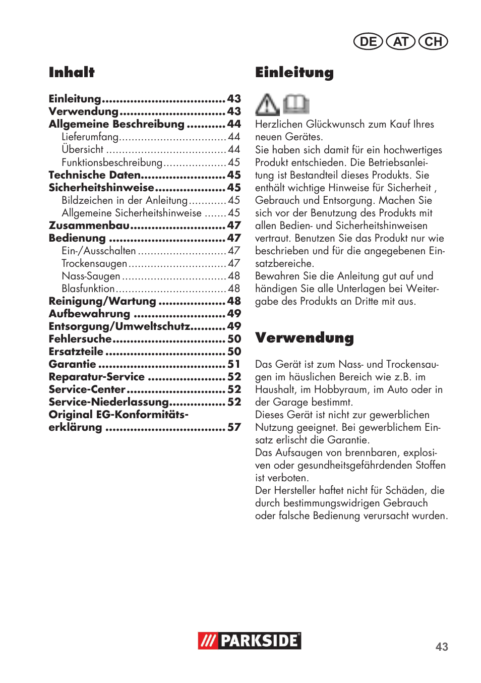 Inhalt, Einleitung, Verwendung | De at ch | Parkside PNTS 1400 B1 User Manual | Page 43 / 60