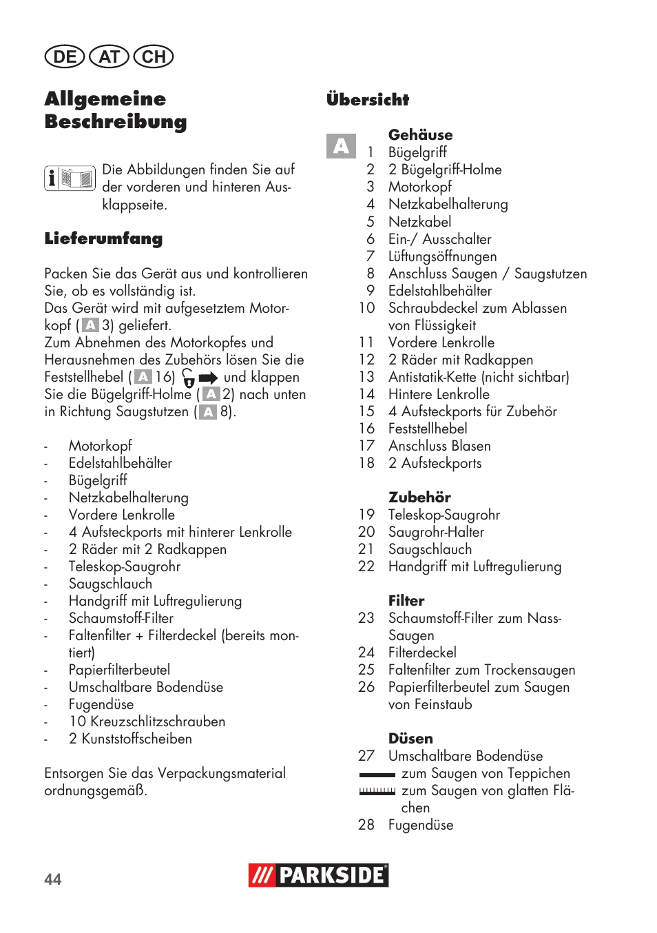 Allgemeine beschreibung, De at ch | Parkside PNTS 1400 B1 User Manual | Page 44 / 60