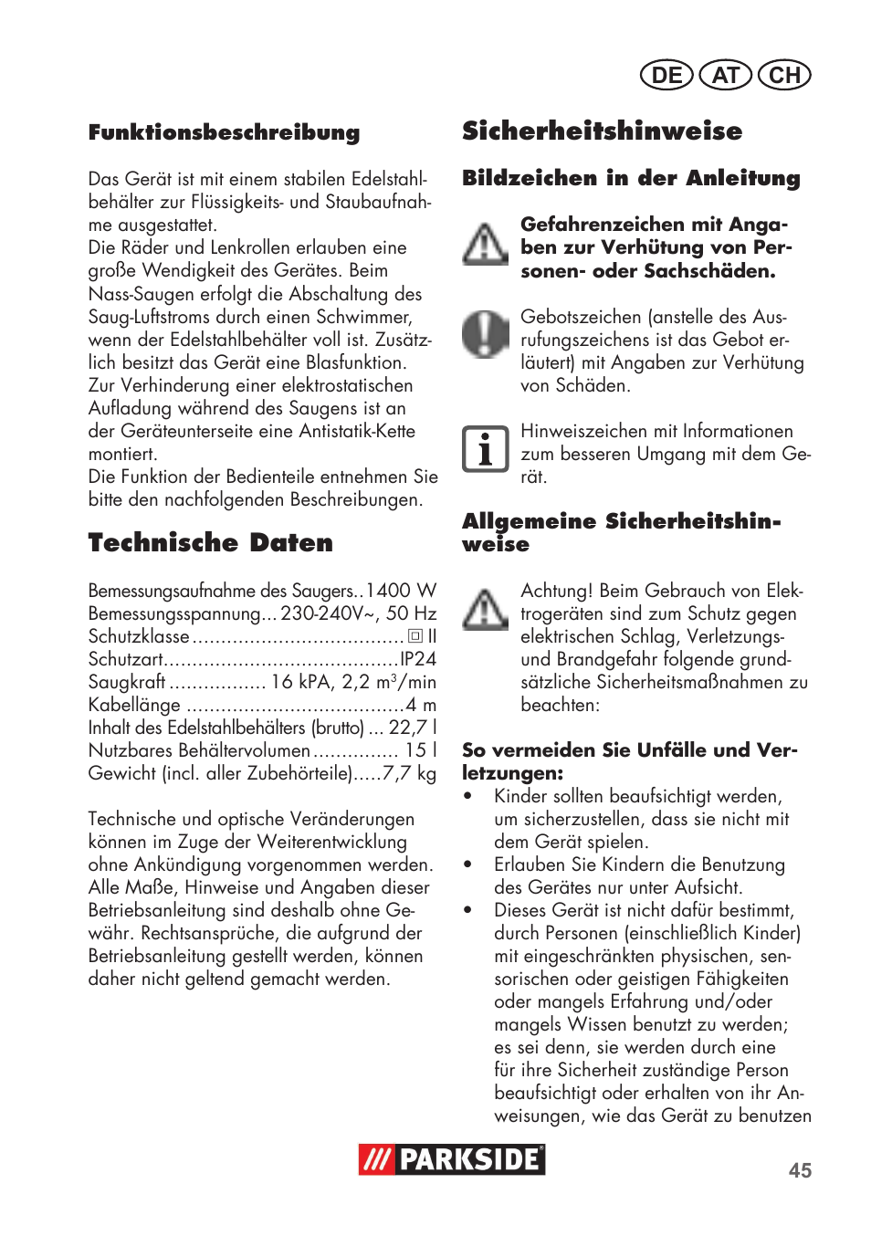 Technische daten, Sicherheitshinweise, De at ch | Parkside PNTS 1400 B1 User Manual | Page 45 / 60