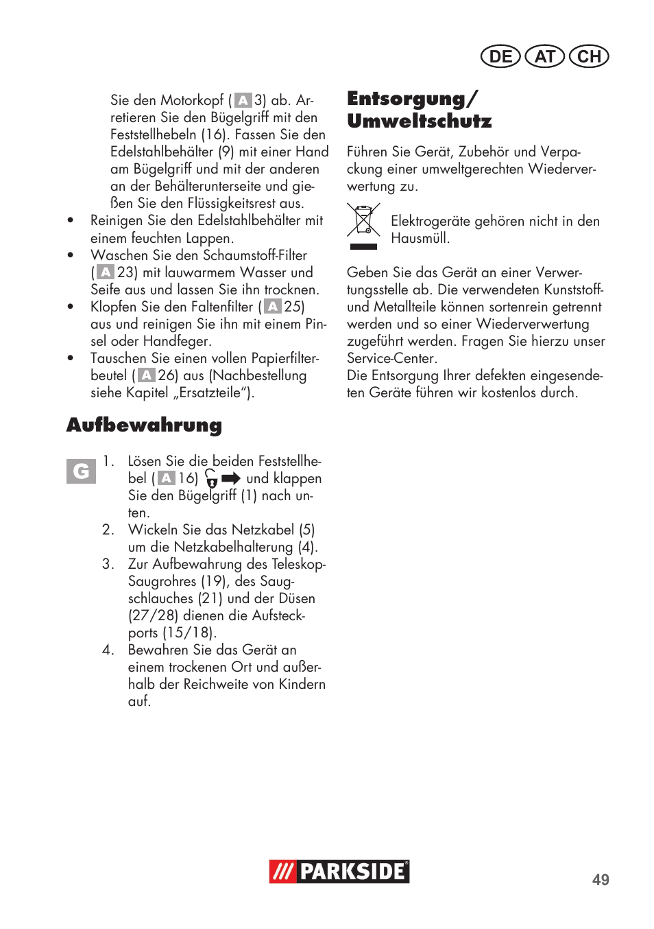 Aufbewahrung, Entsorgung/ umweltschutz, De at ch | Parkside PNTS 1400 B1 User Manual | Page 49 / 60