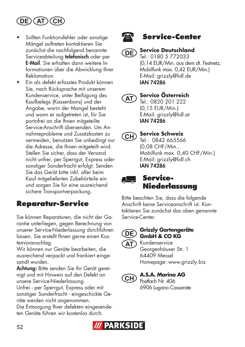 Reparatur-service, Service-center, Service- niederlassung | Parkside PNTS 1400 B1 User Manual | Page 52 / 60