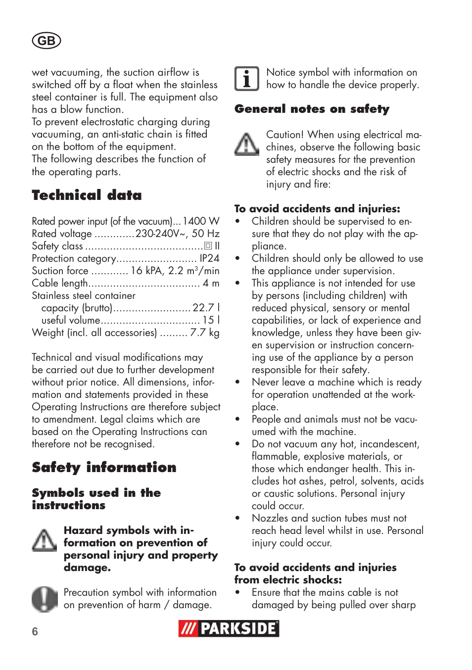 Technical data, Safety information | Parkside PNTS 1400 B1 User Manual | Page 6 / 60