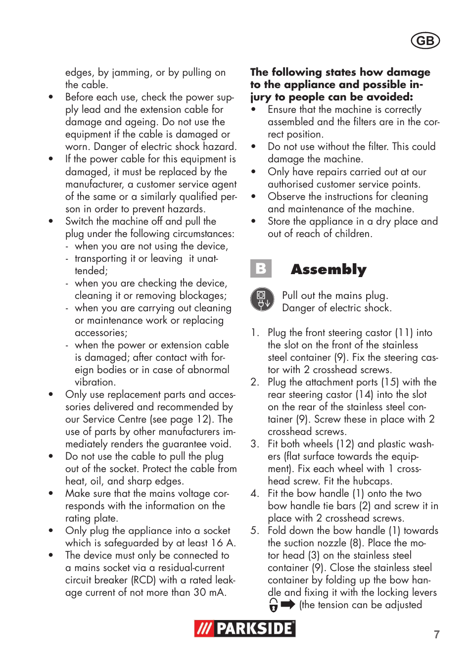 Assembly | Parkside PNTS 1400 B1 User Manual | Page 7 / 60