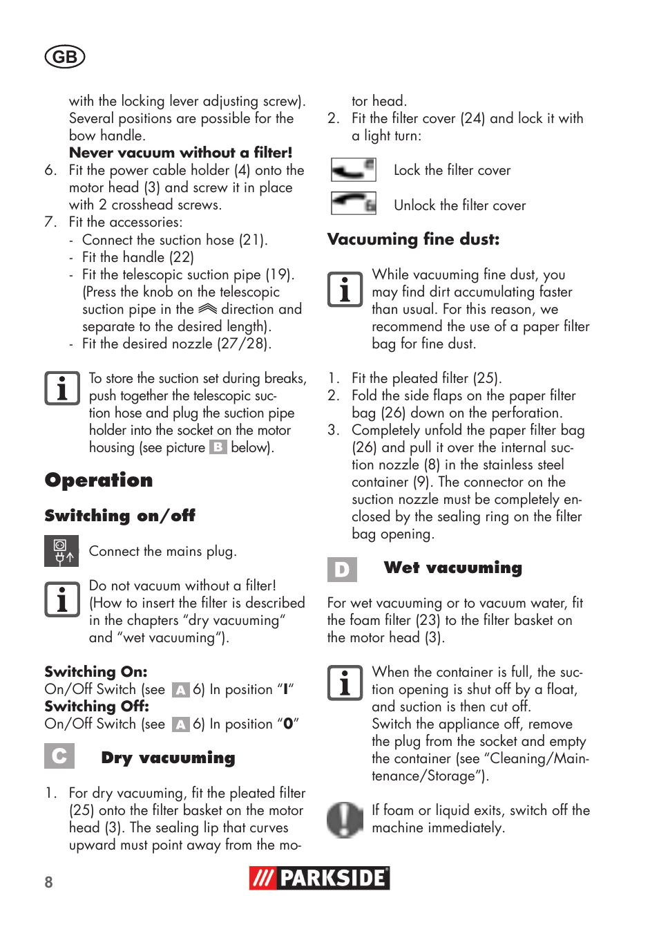 Operation | Parkside PNTS 1400 B1 User Manual | Page 8 / 60