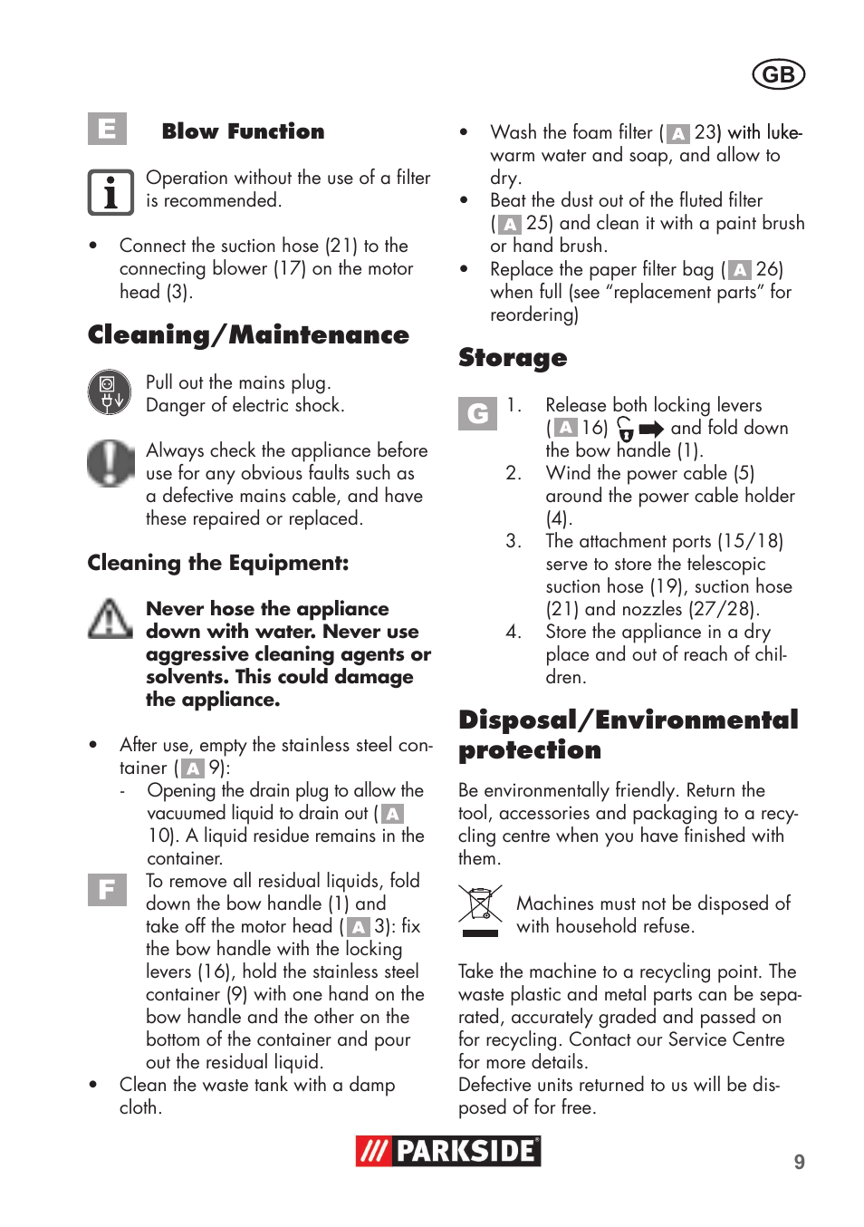 Cleaning/maintenance, Storage, Disposal/environmental protection | Parkside PNTS 1400 B1 User Manual | Page 9 / 60