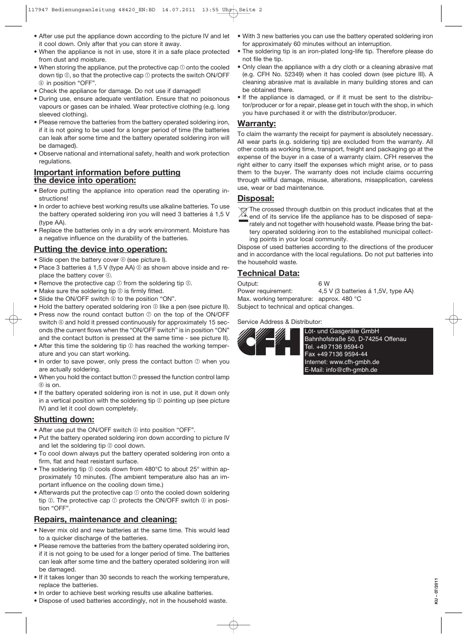 Putting the device into operation, Shutting down, Repairs, maintenance and cleaning | Warranty, Disposal, Technical data | Parkside BLK 520 User Manual | Page 2 / 2