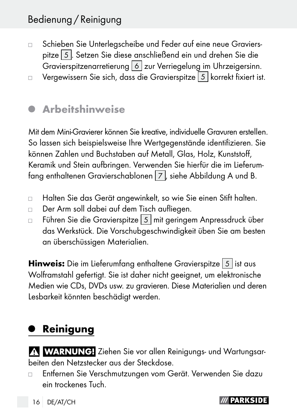 Service / garantie, Arbeitshinweise, Reinigung | Bedienung / reinigung | Parkside PGG 15 A1 User Manual | Page 16 / 68