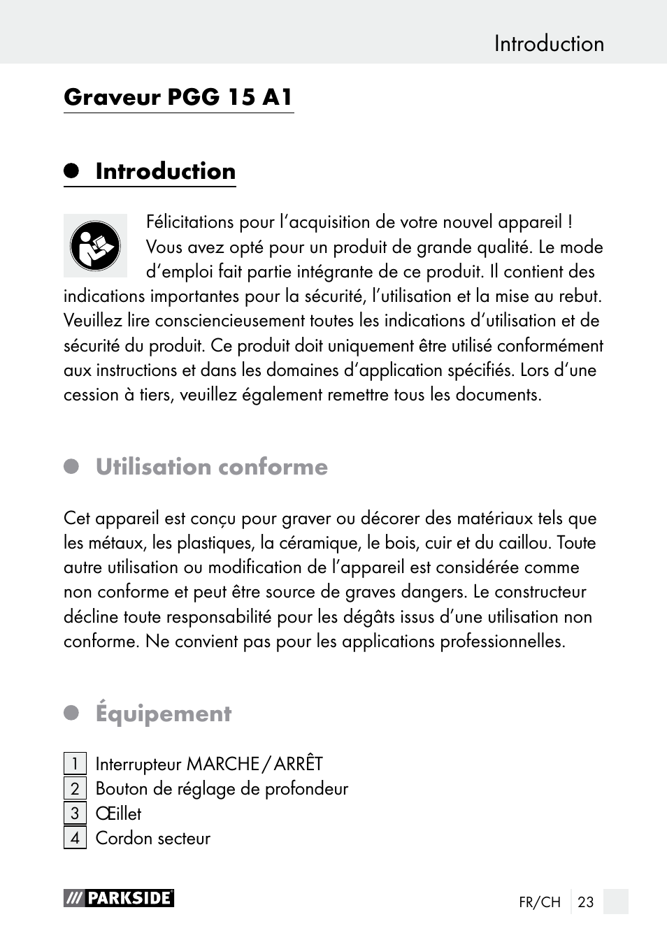 Introduction graveur pgg 15 a1, Introduction, Utilisation conforme | Équipement | Parkside PGG 15 A1 User Manual | Page 23 / 68