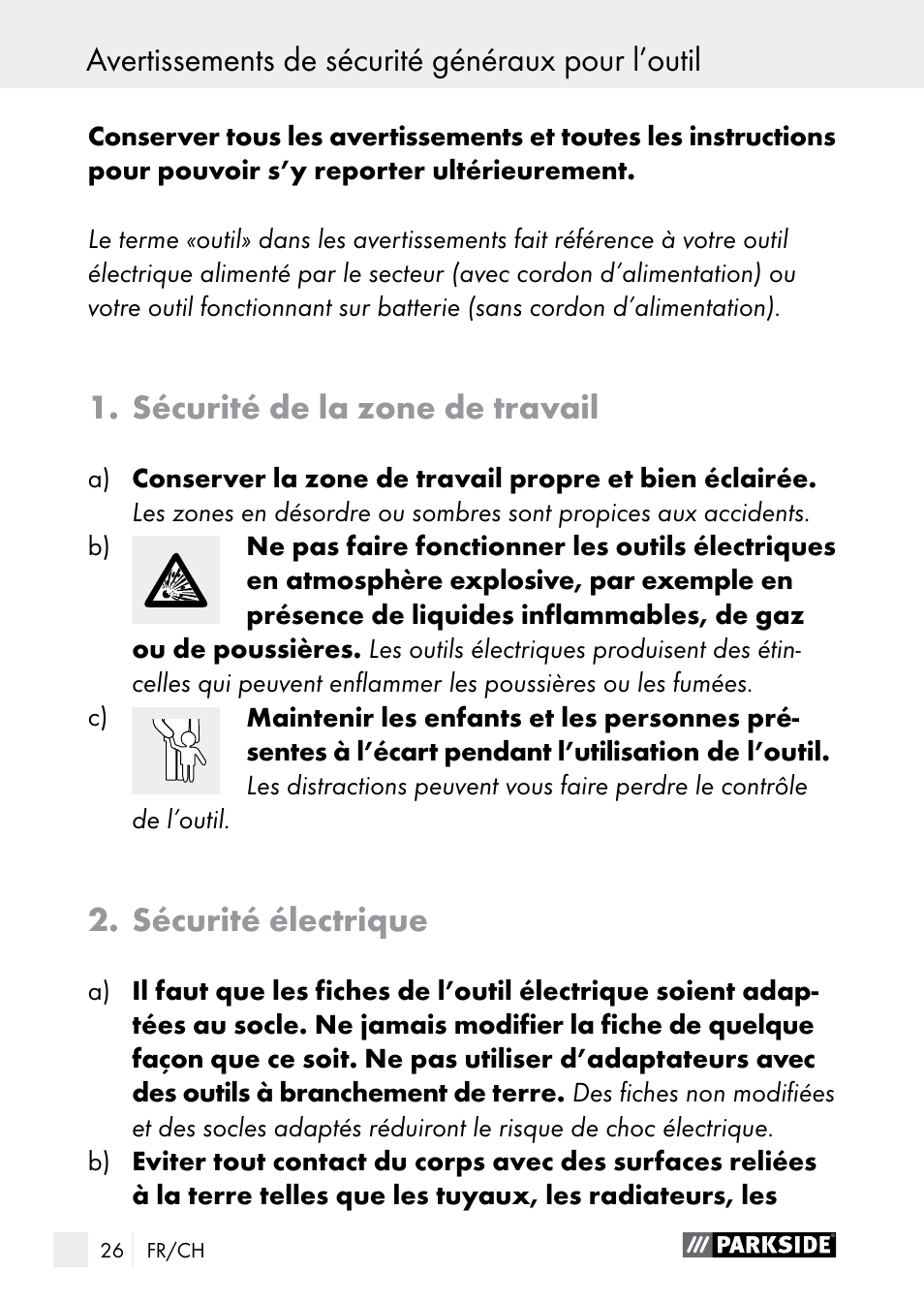 Avertissements de sécurité généraux pour l’outil, Sécurité de la zone de travail, Sécurité électrique | Parkside PGG 15 A1 User Manual | Page 26 / 68