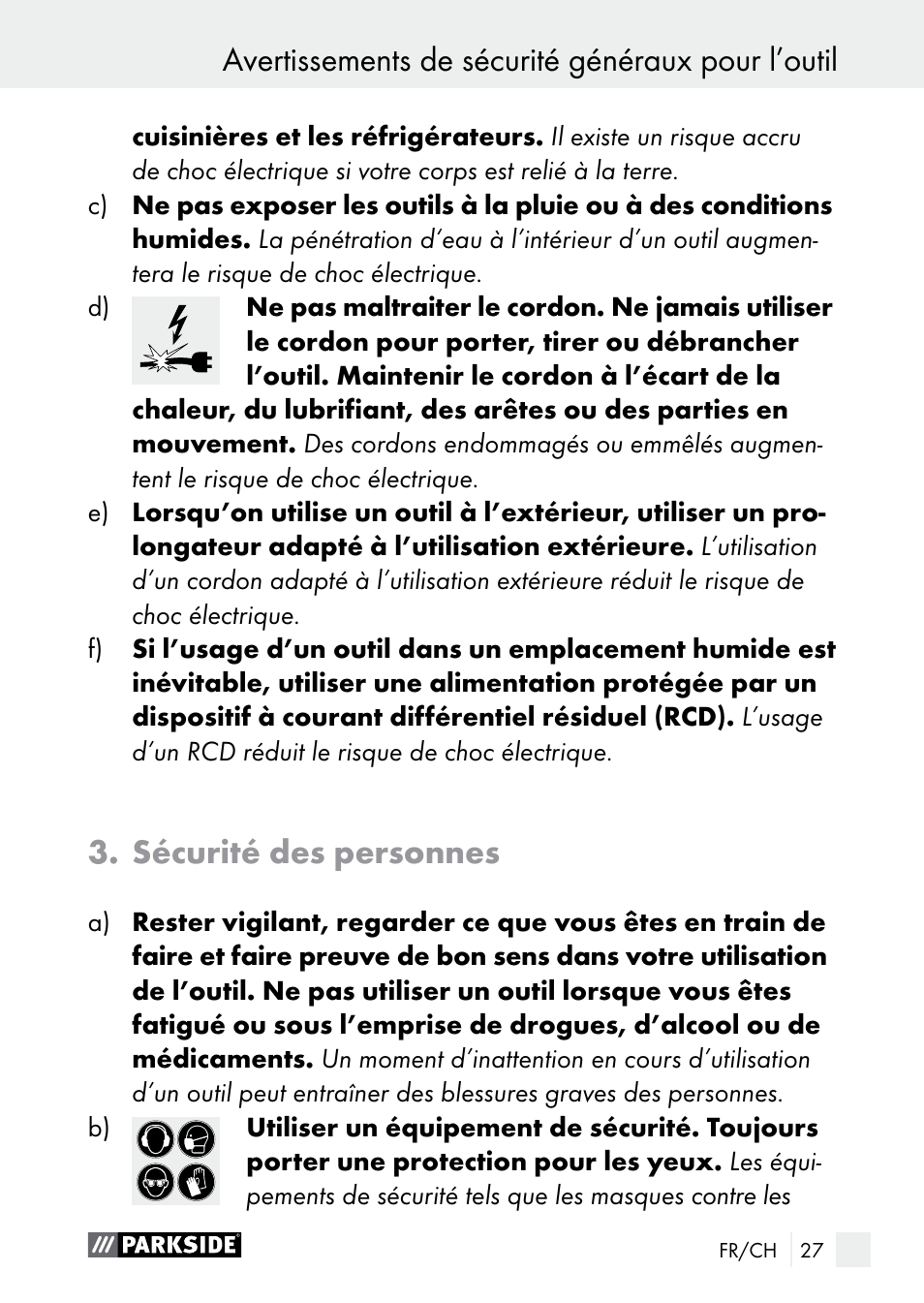 Avertissements de sécurité généraux pour l’outil, Sécurité des personnes | Parkside PGG 15 A1 User Manual | Page 27 / 68