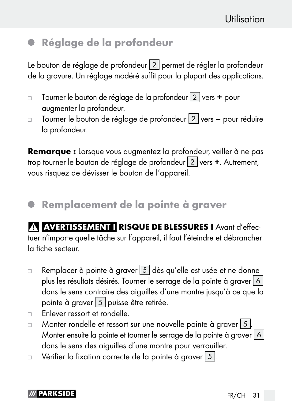 Utilisation, Réglage de la profondeur, Remplacement de la pointe à graver | Parkside PGG 15 A1 User Manual | Page 31 / 68