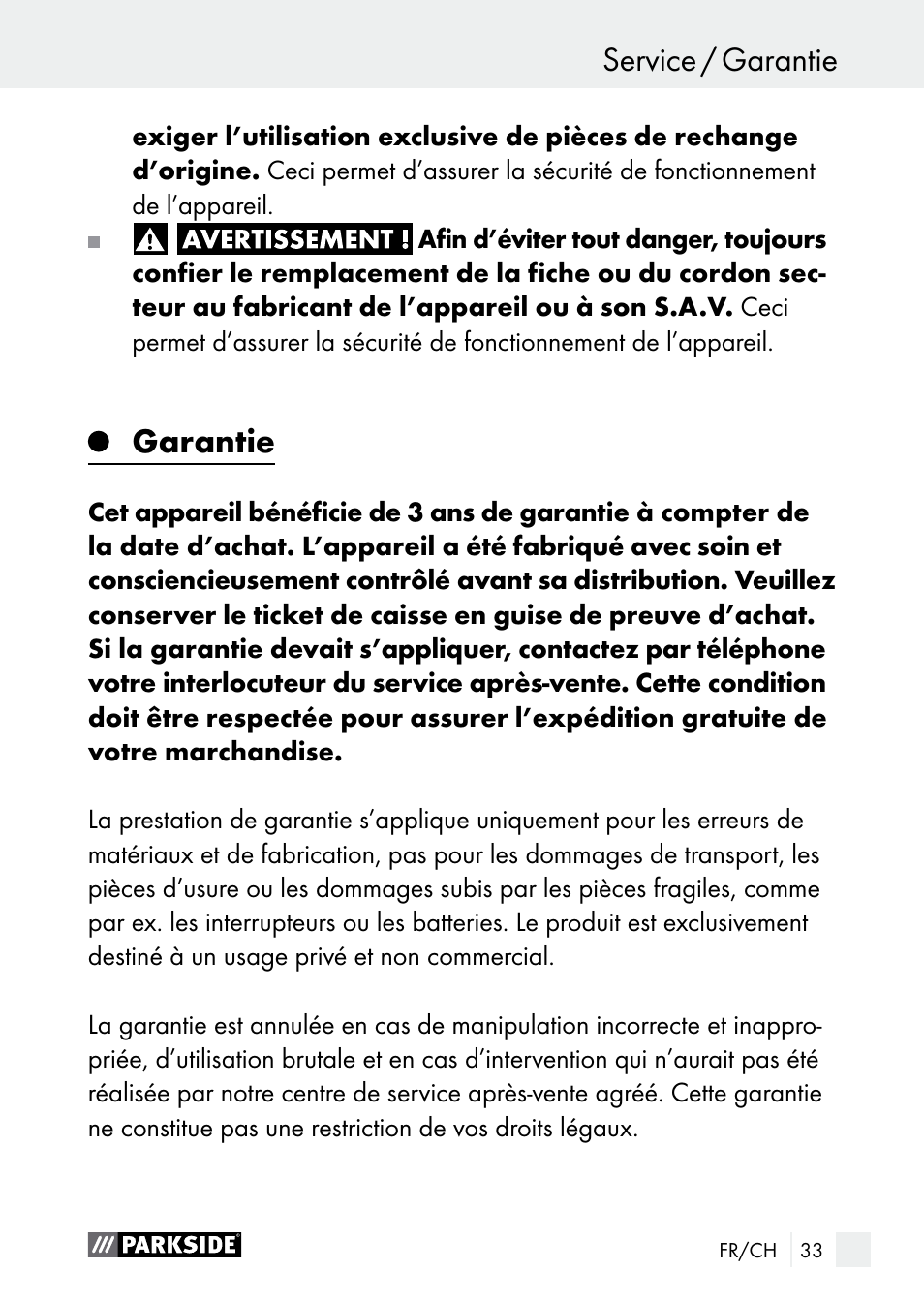 Service / garantie, Garantie, Utilisation / nettoyage / service | Parkside PGG 15 A1 User Manual | Page 33 / 68